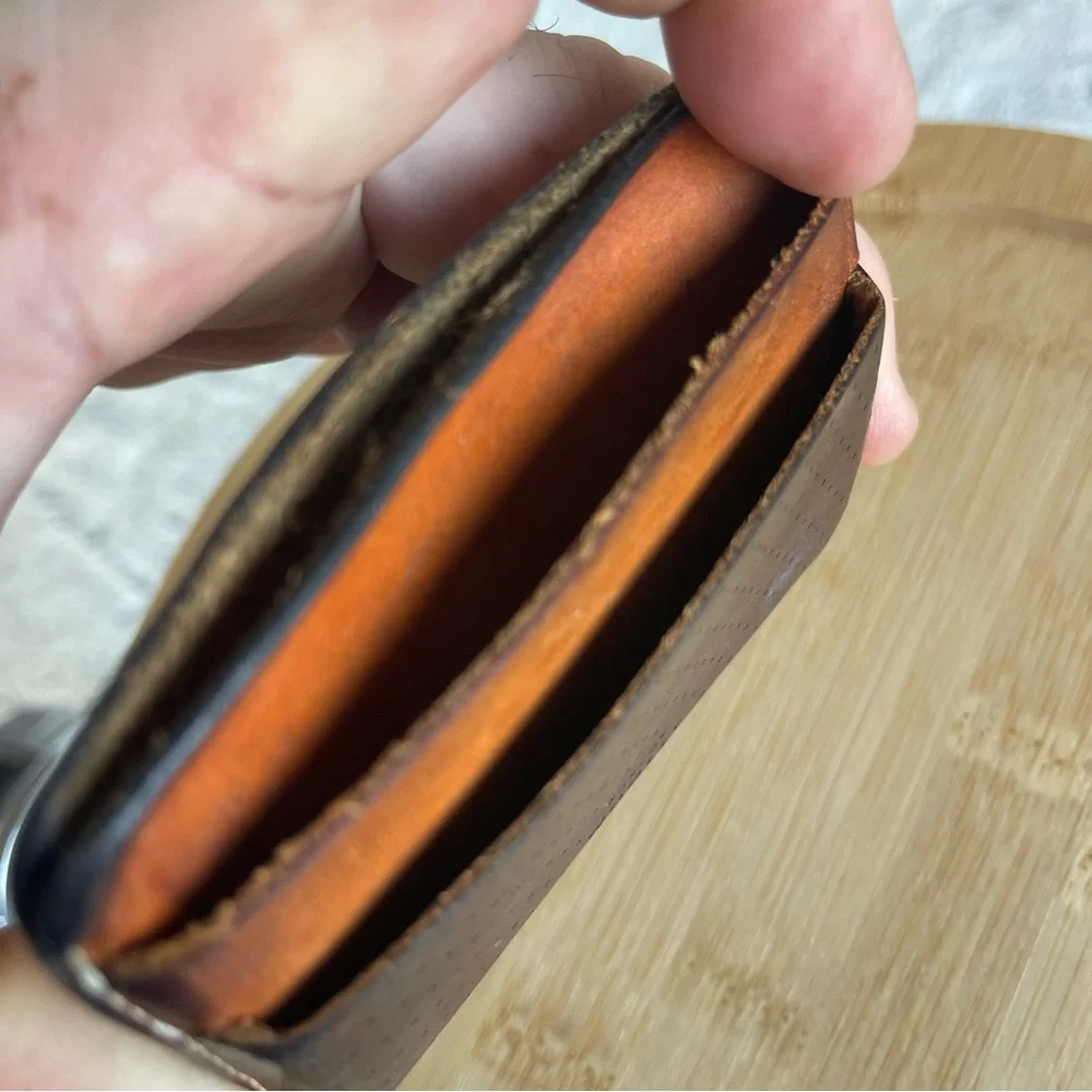 Woolly Perforated Leather Card Holder in Two-Tone Brown